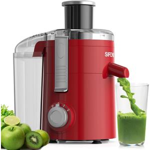 SIFENE Centrifugal Juicer Machine, Compact Fruit and Vegetable Juice Extractor with 3 Speed Modes, 2.5 Inch Wide Chute, 500W Peak Power Motor, Dishwasher Safe Parts, BPA Free, Light Red