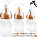 CHENGU 80 Pcs 3 Sizes Shrink Wrap Bags for Gift Baskets 20" x 28" 16" x 24" 14" x 18" Clear plastic Heat Shrink Cellophane Bags and 6 Color Pull Bows for easter Christmas Baskets Packaging