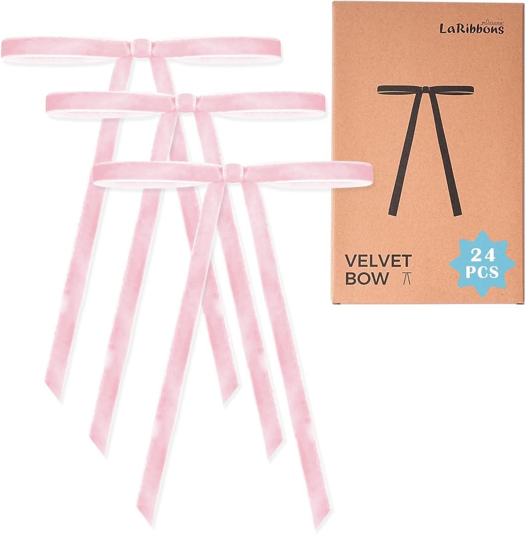 LaRibbons 24 Pcs Pink Velvet Bows for Christmas Tree, Door, Garland, Wreath, 3/8" Wide, 5"x7", Vintage Style