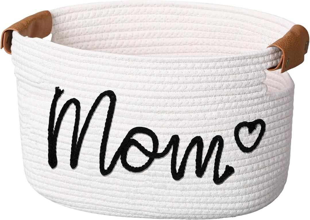 Meanplan Mom Birthday Gift Basket Empty with Handles Mom Mama Mother Cotton Rope Storage Basket Gift Bag Empty Storage Organizer Bin for Mama Mommy Nursery Home Birthday (15 x 10 x 9 Inches, Mother)