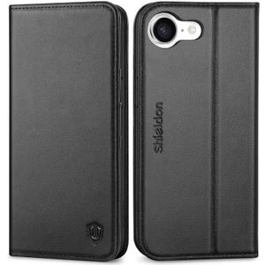 SHIELDON Wallet Case for iPhone 16e 2025, Genuine Leather RFID Blocking Credit Card Holder Folio Magnetic Kickstand Shock-Absorbent Protective Phone Case Compatible with iPhone 16e 6.1" - Nappa Black
