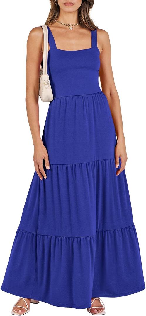 ANRABESS Women's Summer Casual Long Maxi Beach Vacation Dresses Sleeveless Square Neck Flowy Tiered Sun Dress with Pockets, Small