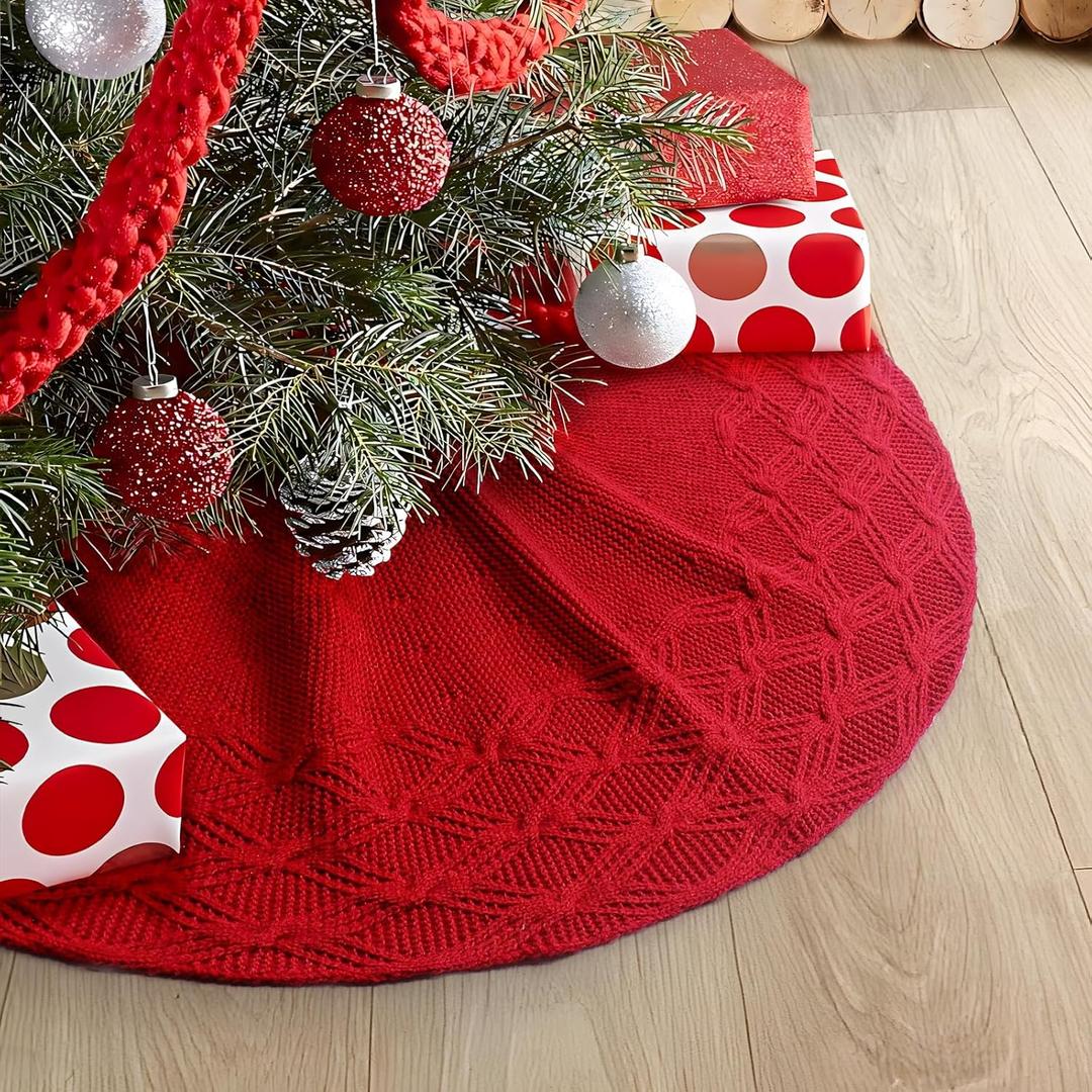 GMOEGEFT 24 Inches Knitted Christmas Tree Skirt, Vintage Knit Xmas Tree Skirt, Rustic Christmas Home Decorations, Red Xmas Tree Holiday Decorations