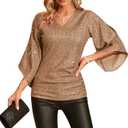 Womens Sequin Top 3/4 Sleeve Sparkly Shirt Glitter V-Neck Dressy Blouse for Evening Party Night (L)