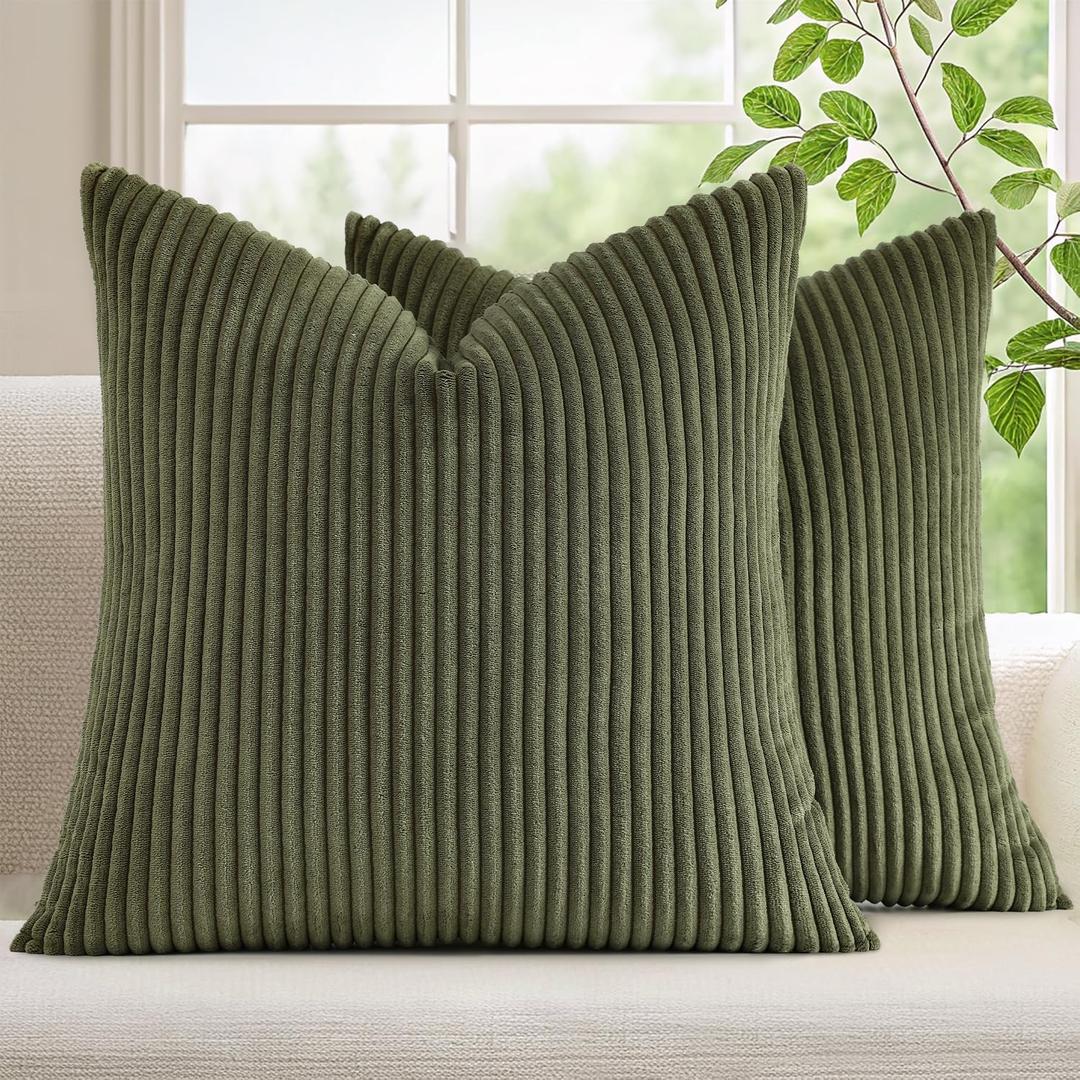 Mecatny Corduroy Summer Decorative Throw Pillow Covers 24x24 Set of 2 for Sofa Living Room, Soft Neutral Boho Couch Pillow Covers for Home Decor, Olive Green