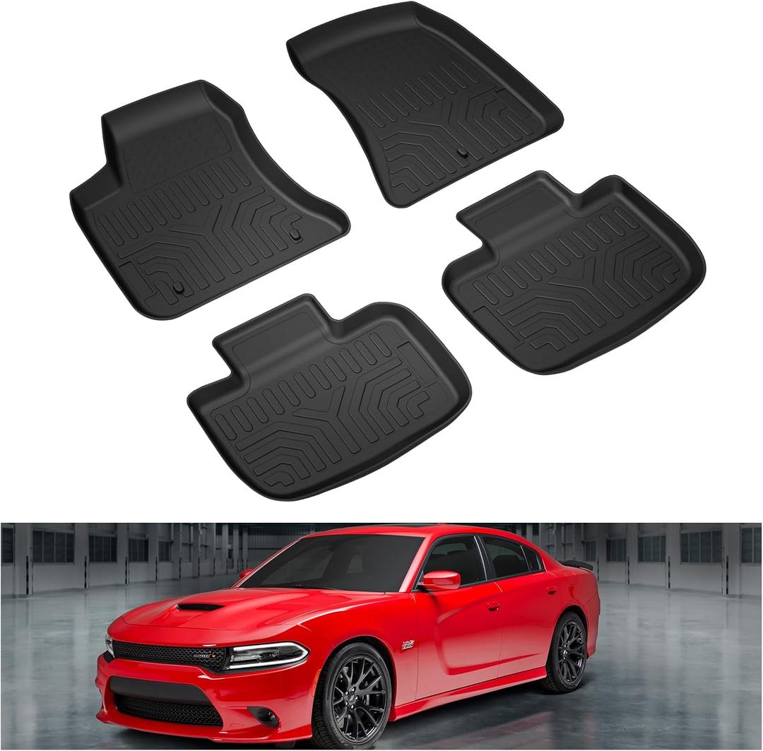 KIWI MASTER Floor Mats for 2011-2023 Dodge Charger RWD/Chrysler 300 RWD All Weather Custom Fit Mat Front & Rear 2 Row Seat TPE Slush Liners Set Black