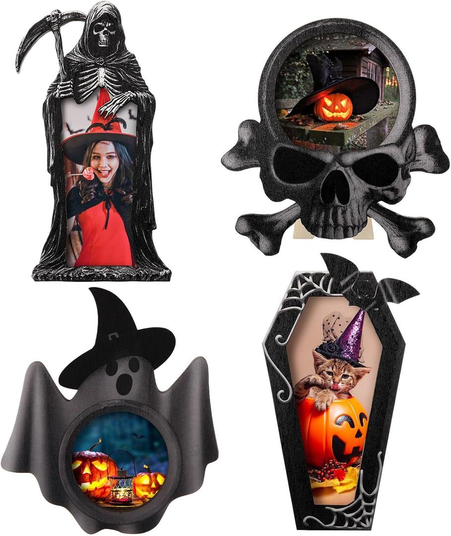Leinuosen 4 Pcs Halloween Picture Frame Bulks Spooky Wooden Photo Frame Craft Ghost Skeleton Bat Coffin Grim Reaper Tabletop Home Halloween Gothic Decor Gifts