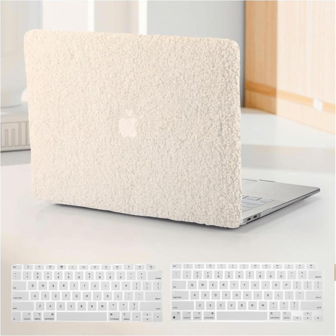 Compatible with MacBook Pro 13 inch Case M2 2024 2023 2022-2016 A2338 M1 A2251 A2289 A2159 A1989 A1708 A1706,Soft Fluffy Fuzzy Plush Faux Fur Print Leather Hard Shell Case&Keyboard Cover, Beige