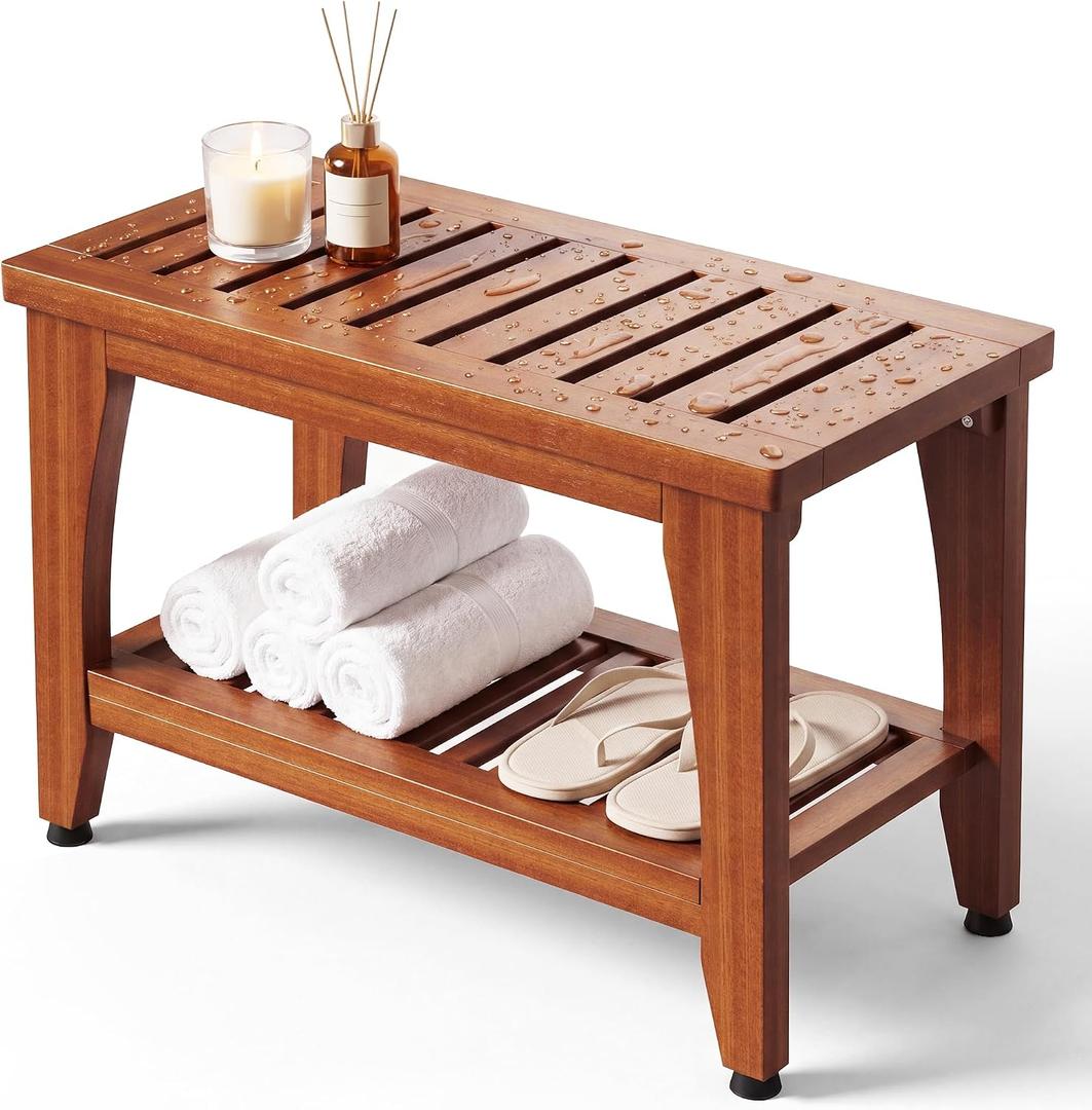 24" Premium Solid Teak Shower Bench with Storage Shelf - 400 lbs Capacity, Waterproof & Non-Slip Seat for Bathroom, Poolside, Spa