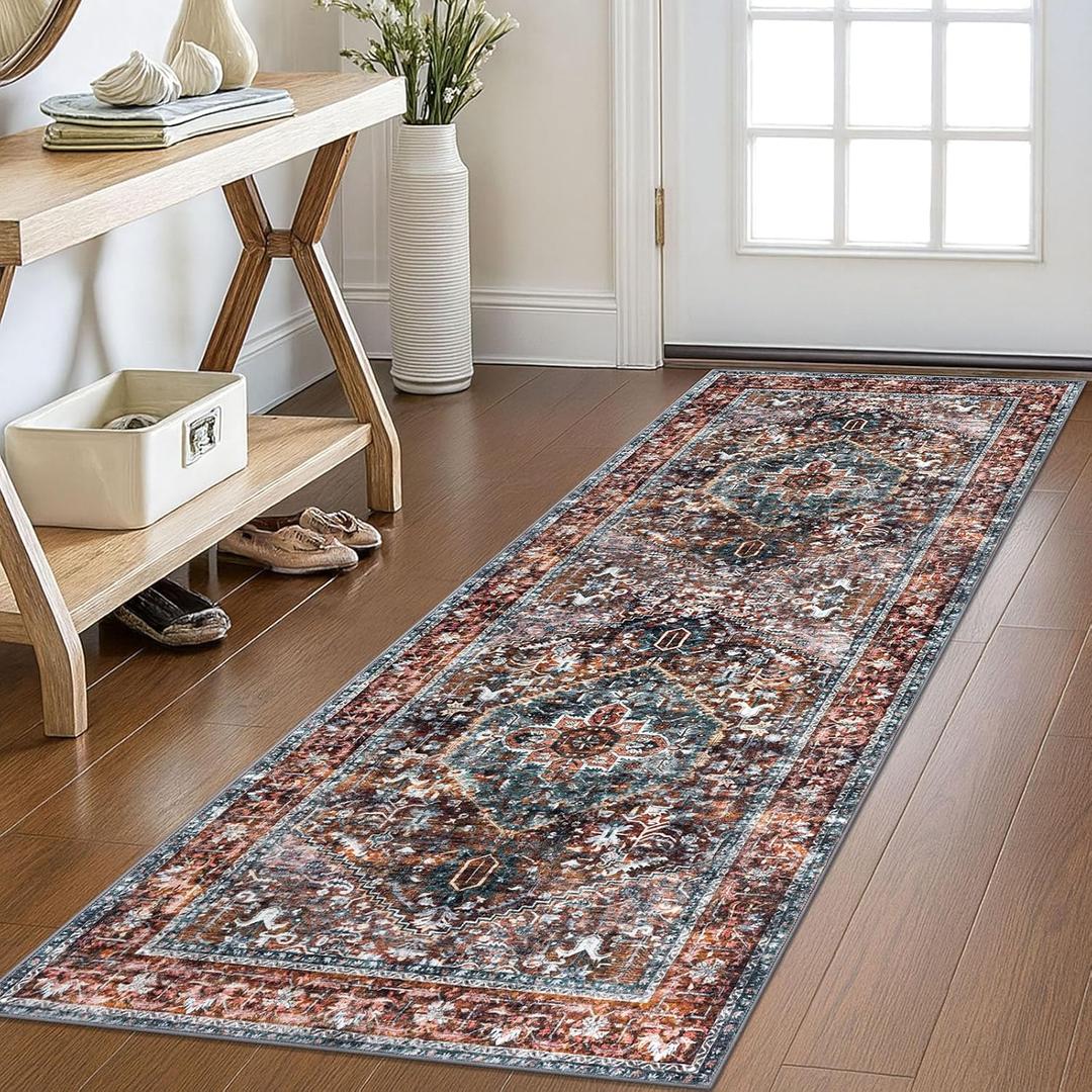 KOZYFLY Runners for Hallways 2x6 Ft Washable Kitchen Runner Rug Boho Runner Rug for Entryway Indoor Printed Oriental Faux Wool Floor Carpet Runner for Bedroom Kitchen Hall, Brick Red/Orange/Green