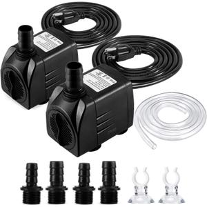 Fountain Pump, 2 Packs 400GPH(25W 1500L/H) Submersible Water Pump, Durable Outdoor Fountain Water Pump with 6.5ft Tubing (ID x 1/2-Inch), 3 Nozzles for Aquarium, Pond, Fish Tank, Water Pump