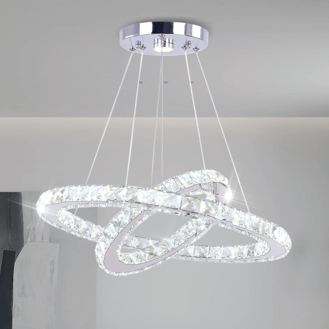 LED Modern Crystal Chandelier 19.7 x 11.8 inches Ceiling Pendant Light 2 Rings Adjustable Stainless Steel Lighting Fixtures Dining Room Living Room (White) (2 Ring-Coolwhite)