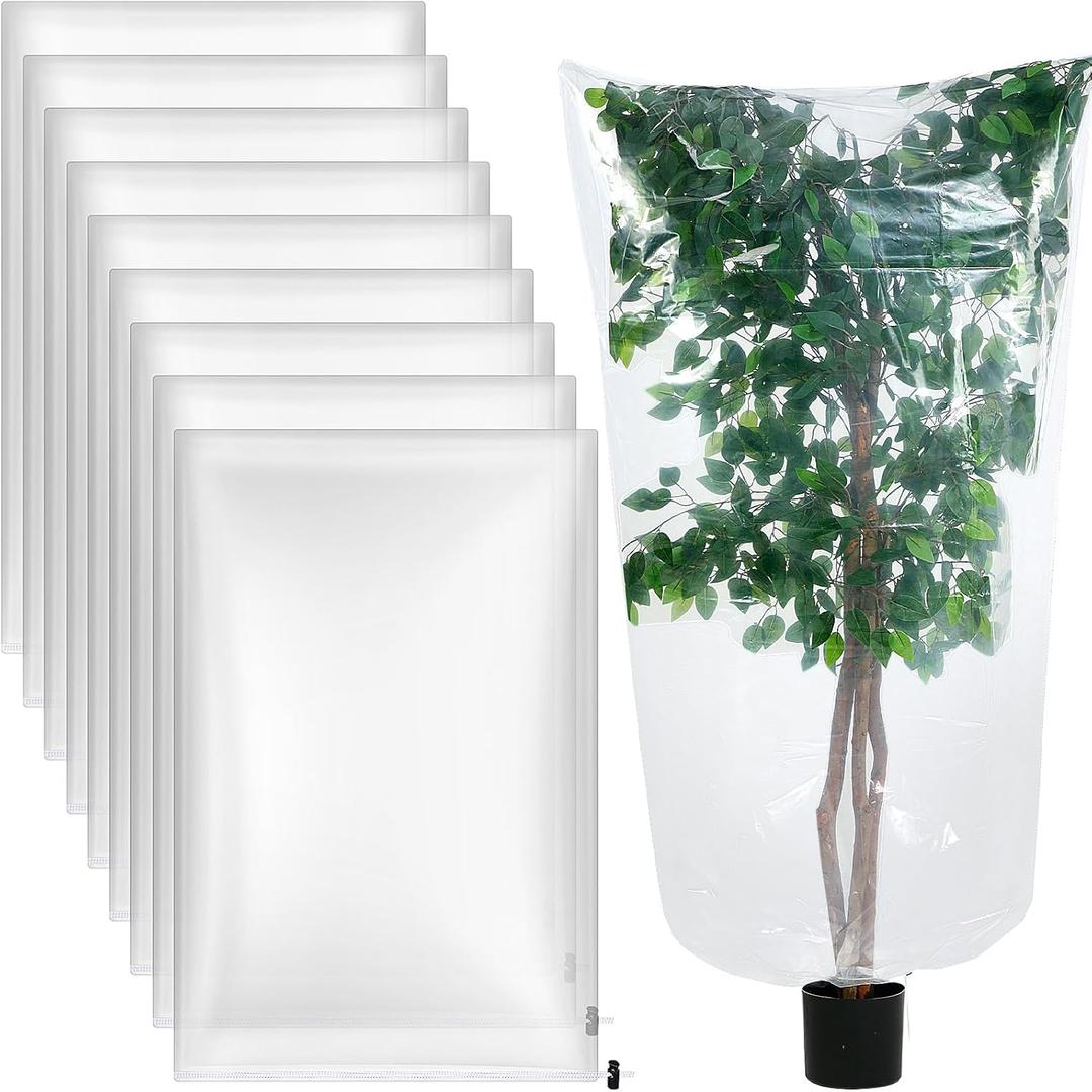Pangda 18 Pcs Plant Covers with Drawstring 35.4" x 59.1" Plastic Plant Covers for Winter Waterproof Winter Shrub Plastic Greenhouse Bags for Outdoor Garden Plant