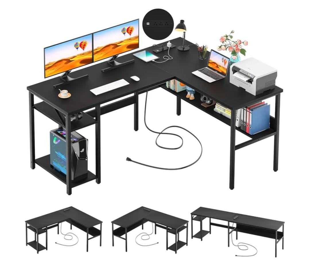 Unikito Reversible L Shaped Desk with Magic Power Outlets and USB Charging Ports, Sturdy Corner Computer Desk with Storage Shelves, Gaming Table Home Office Desk, Easy to Assemble, Black