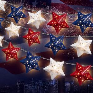 Lewtemi 2 Pcs 4th of July Patriotic Lights 20 LED Red White Blue Stars String Lights 10ft Metal Patriotic Star Light 250th Anniversary Decorations for 4th of July 250th Anniversary Independence Day