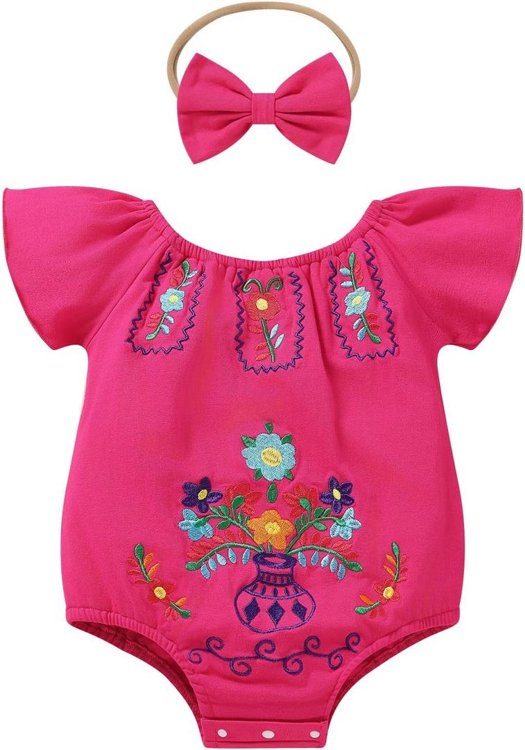 Baby Girls Mexican Romper Floral Embroidered Cinco De Mayo Fiesta Outfit Infant Traditional Folk Flutter Sleeve Romper Bodysuit And Headband Traje Tipico De El Salvador Hot Pink 9-12 Months