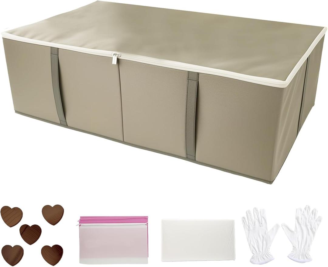 Wedding Dress Storage Box – Large Wedding Dress Preservation Box 94L with Acid-Free Tissue Paper, Cedar Wood Blocks, White Gloves & Dust Bag for Bridal Gown Preservation (Gray)