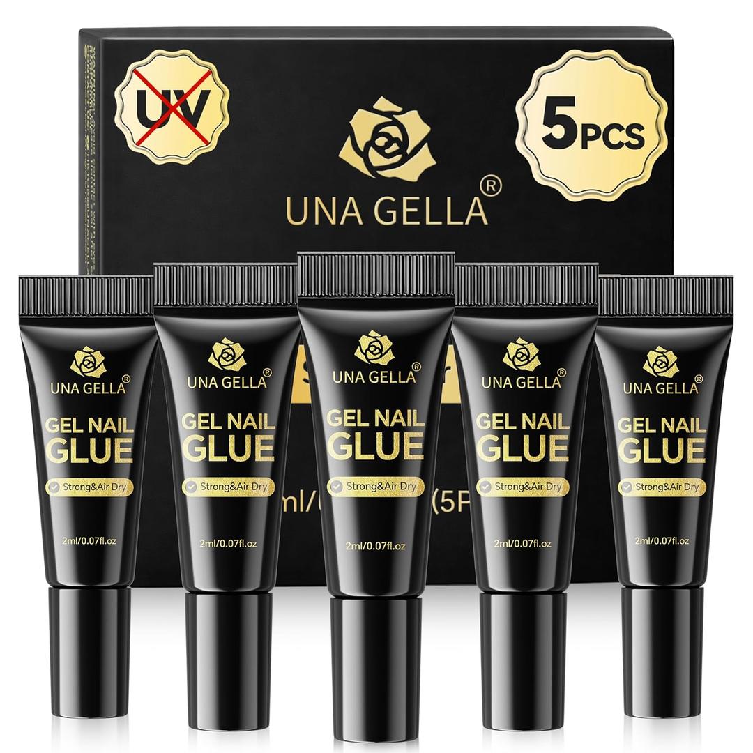 UNA GELLA Super Strong Nail Glue 2ml x 5Pcs for Press On Nails, Nail Tips & Clear Fake Nails, Mini Tubes Quick Drying Semi Solid Nail Glue for Press ons No UV Light Needed Long Lasting Mess-Free