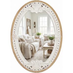 H HOMEWINS Oval Mirrors for Wall,20x30 Oval Wooden Rustic Farmhouse Carved Antique Boho Nature Vintage Decorative Mirror for Bedroom, Bathroom, Living Room,Vanity