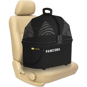 PAWZIDEA Portable Small Dog Crate for Car Travel, Enclosed Pet Car Seat for Small/Medium Dogs & Cats up 33 lb, Reversible No-Zip Canopy, Soft-Sided Pet Carrier Basket, Foldable Dog Kennel, Metal Frame
