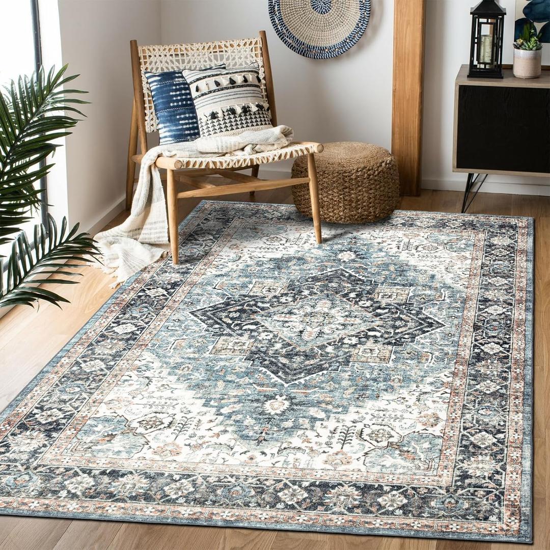 Area Rug 57, Vintage Boho Rug,Ultra-Soft Low Pile, Washable, Non Slip,Stain Resistant Printed Carpet for Living Room Bedrooms Playroom Office Kitchen, Blue/Navy
