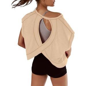 Workout Tops for Women Open Back Gym Shirts Short Sleeve Athletic Tops Backless Loose Fit Crop Top Comfy Tshirts, L