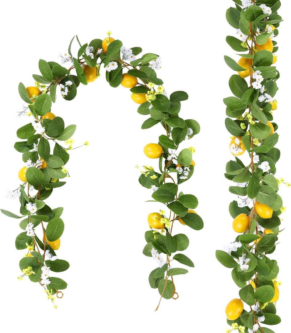 U'Artlines 2Pcs Total 11 Ft Artificial Lemon Garland Spring Summer Faux Fruit Vine Garlands with Greenery for Door Wall Mantle Wedding Party Table Decorations (5.7 Ft)