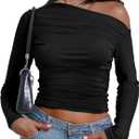 Buauty Womens Off Shoulder Tops Long Sleeve Crop Tops Casual Boat Neck Going Out Blouses One Shoulder Y2K Tight Shirts 2026 (Large, Black)
