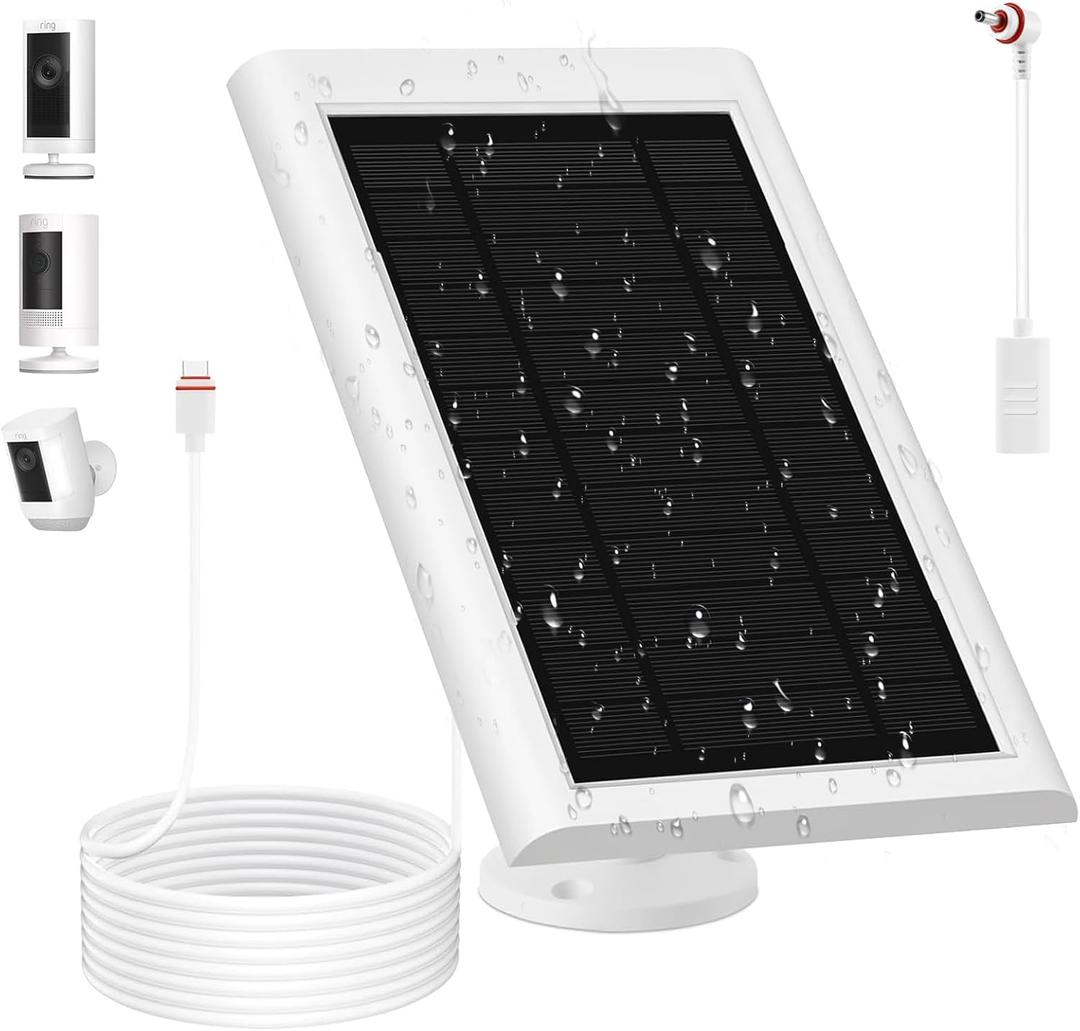 Solar Panel for Ring Camera(2nd Generation) Dustproof Waterproof 5W Solar Panel with 10FT/3M Long Cable for Stick Up & Pro Spotlight Cam Battery for Security Camera 1 Pack (White Grey)