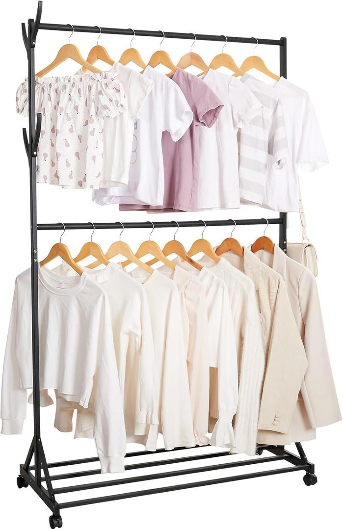 Double Rod Clothing Garment Rack with Wheels and Hooks,Rolling Organizer with Shelves,Portable Coat Racks for Hanging Jacket,Bag,Hat,Black