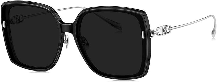 BOLON Women Trendy Elegant Oversized Square Sunglasses, Exclusive Eyewear Brand of EssilorLuxottica (Gloss Black/Silver/Grey Polarized)