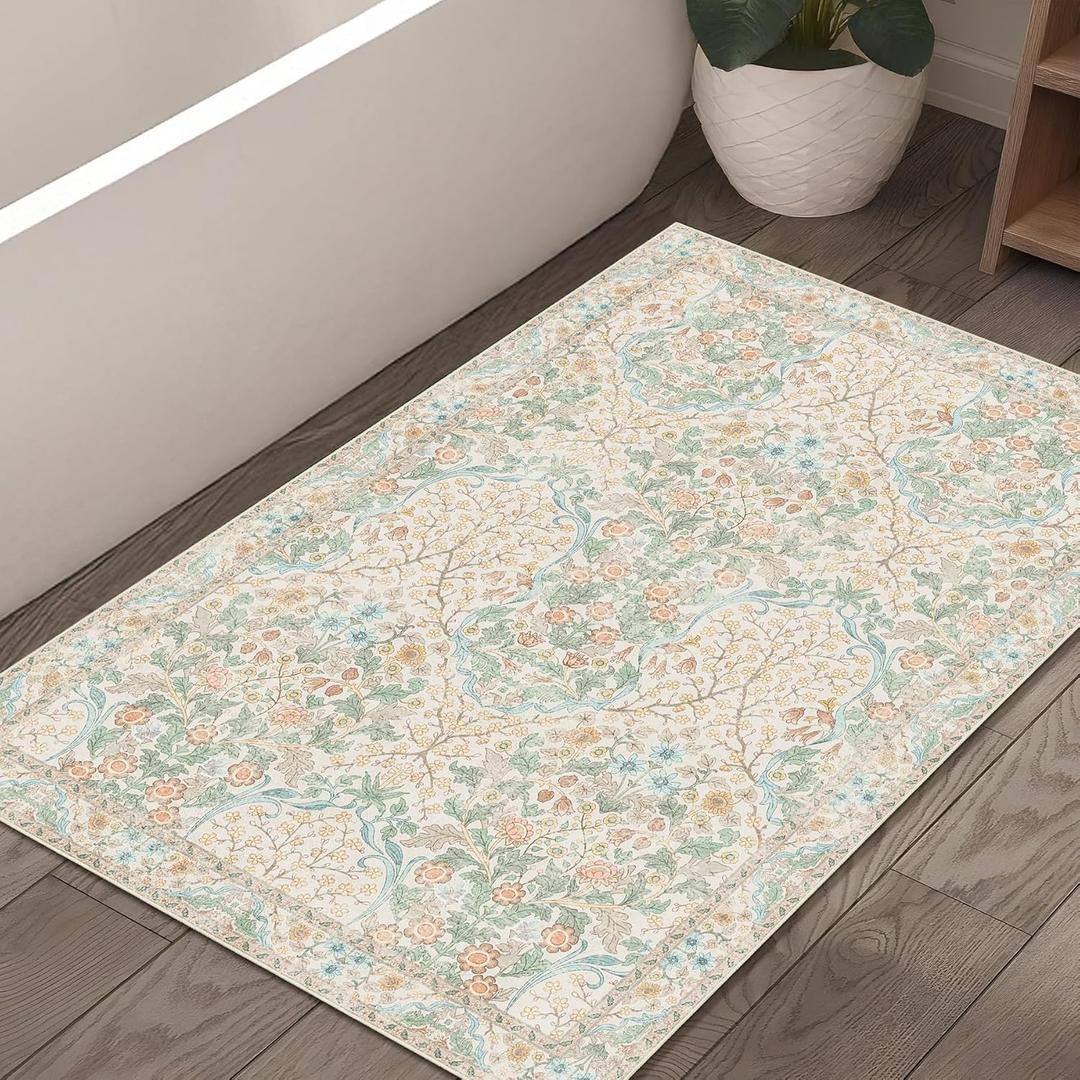MUJOO 2x3 Washable Rug,Floral Small Area Rugs for Bathroom Entryway Entry Bedroom Bedside,Boho Front Door Mat Indoor Entrance Throw Carpet Neutral Vintage Non Slip Ultra-Thin Light Green and Beige