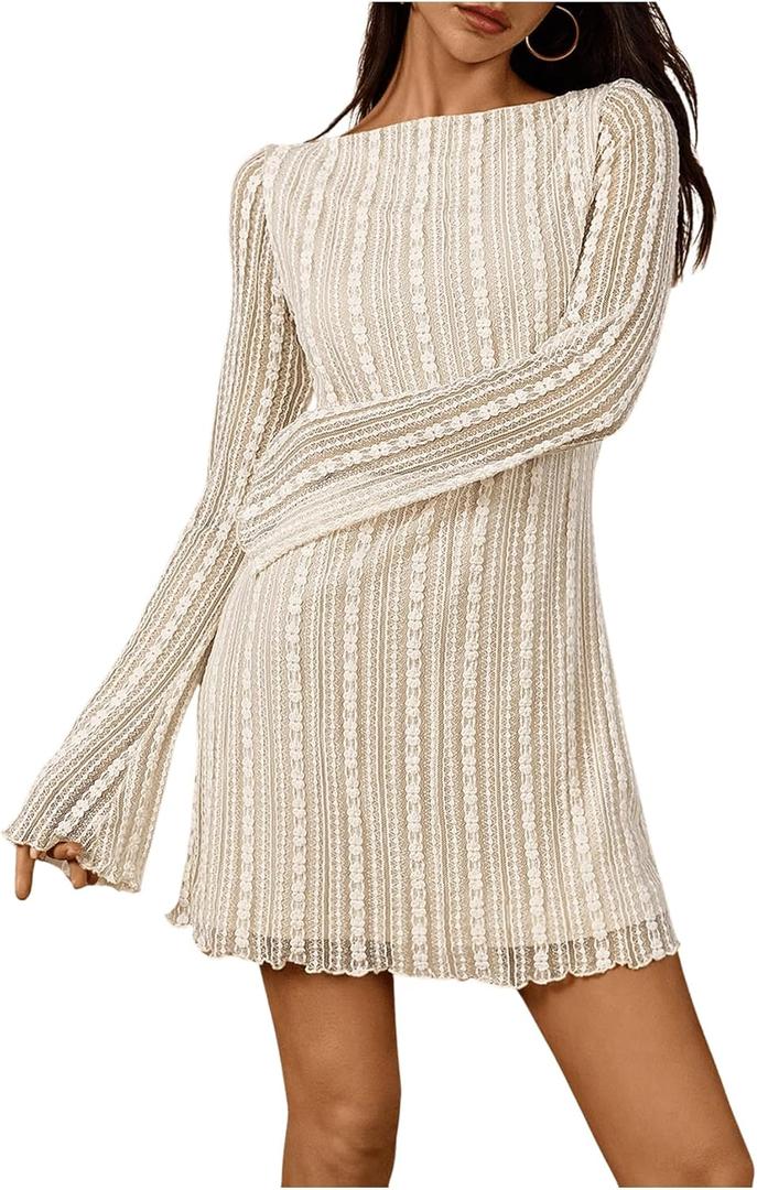 SOLY HUX Women's Lace Mini Dress Boat Neck Long Sleeve Lettuce Trim Bodycon Dresses (Large, Pure Apricot)
