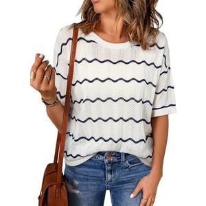 EVALESS Womens Short Sleeve Sweaters Spring Summer Crochet Knit Tops Crewneck Striped T Shirts Casual Blouses for Women Large