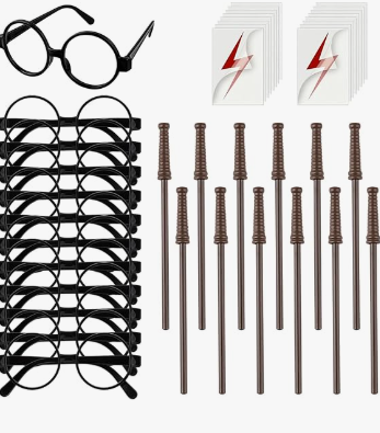 36Pcs Wizard Theme Party Favors - Wand Pencils Wizard Glasses with No Lenses Lightning Bolt Scar Temporary Tattoo for Teen Kid Student Magic Birthday Party Favors Halloween Decor School Rewards Black