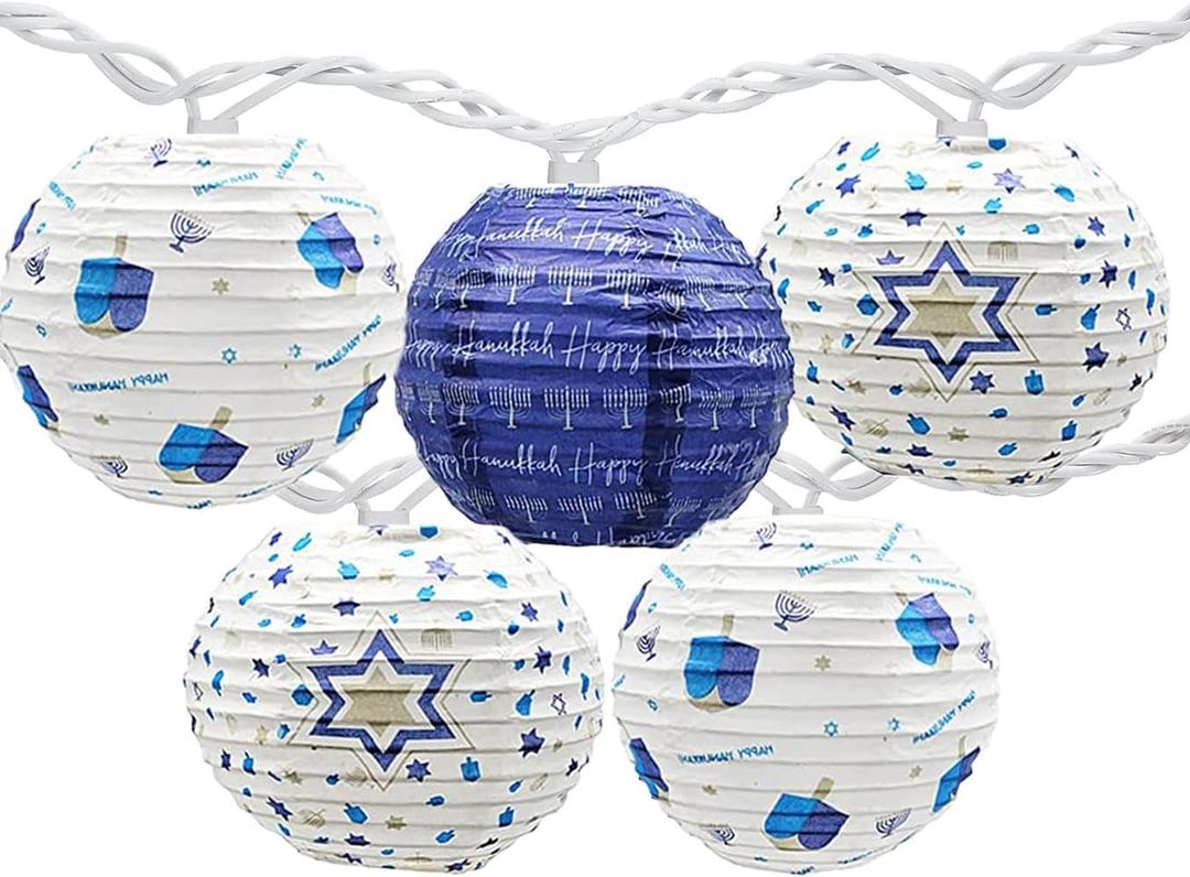 The Dreidel Company 10 Mini Round Lantern Hanukkah String Lights 9' Ft. Long, Pre-Assemble LED Battery Powered 3" Inch Orb (Single)