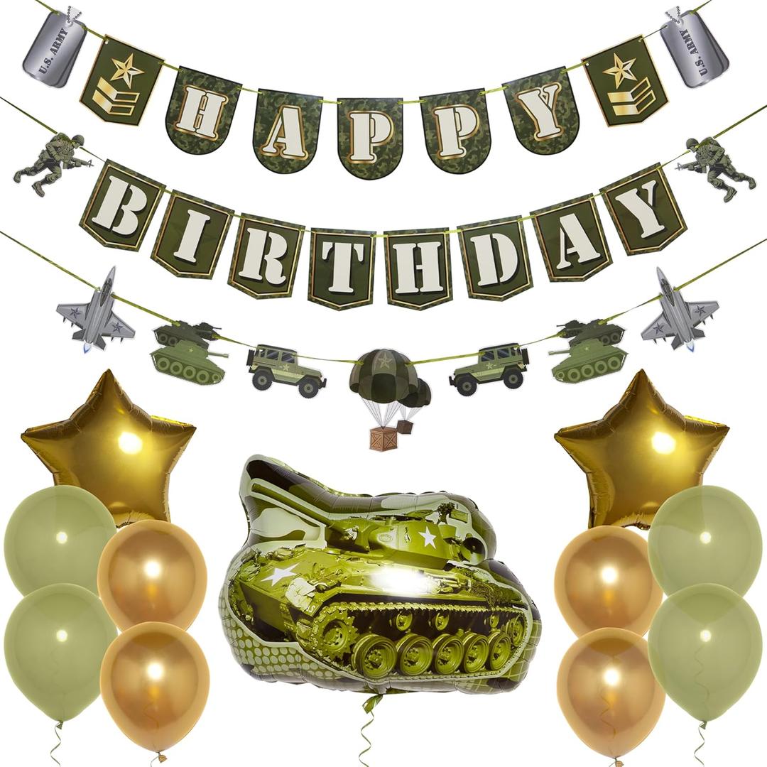 Pirese Army Happy Birthday Banner  Soldier Birthday Decorations for Boys, Camo Party Supplies with Tank Balloon, Star Balloons & Latex Balloons, Military Themed Party Decor