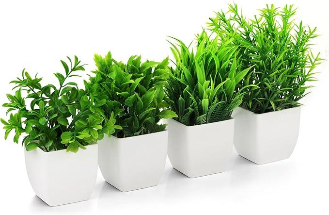 4 Pcs Artificial Plastic Plants with White Pot for Bedroom Office Home Living Room Balcony Bathroom