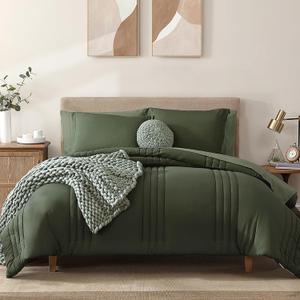 Monbix King Size Comforter Set - 7 Pieces Bed in a Bag King, Olive Green Bedding Sets with Comforter, All Seasons Comforter Bed Set with Sheets, Pillowcases & Shams