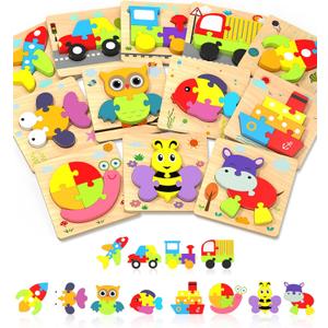 Yetonamr Wooden Toddler Puzzles Gifts Toys for Boys Girls, 12 Vehicle Shape Montessori Toy Educational Blocks Kids Toys Gift Baby Learning Toy