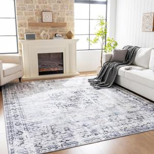 6x9 Washable Area Rug Vintage Distressed, Low Pile Large Rug with Non Slip Backing & Reinforced Edges, Ultra Soft Foldable Indoor Carpet for Living Room, Bedroom, Dining Room, Office, Gray (Grey)