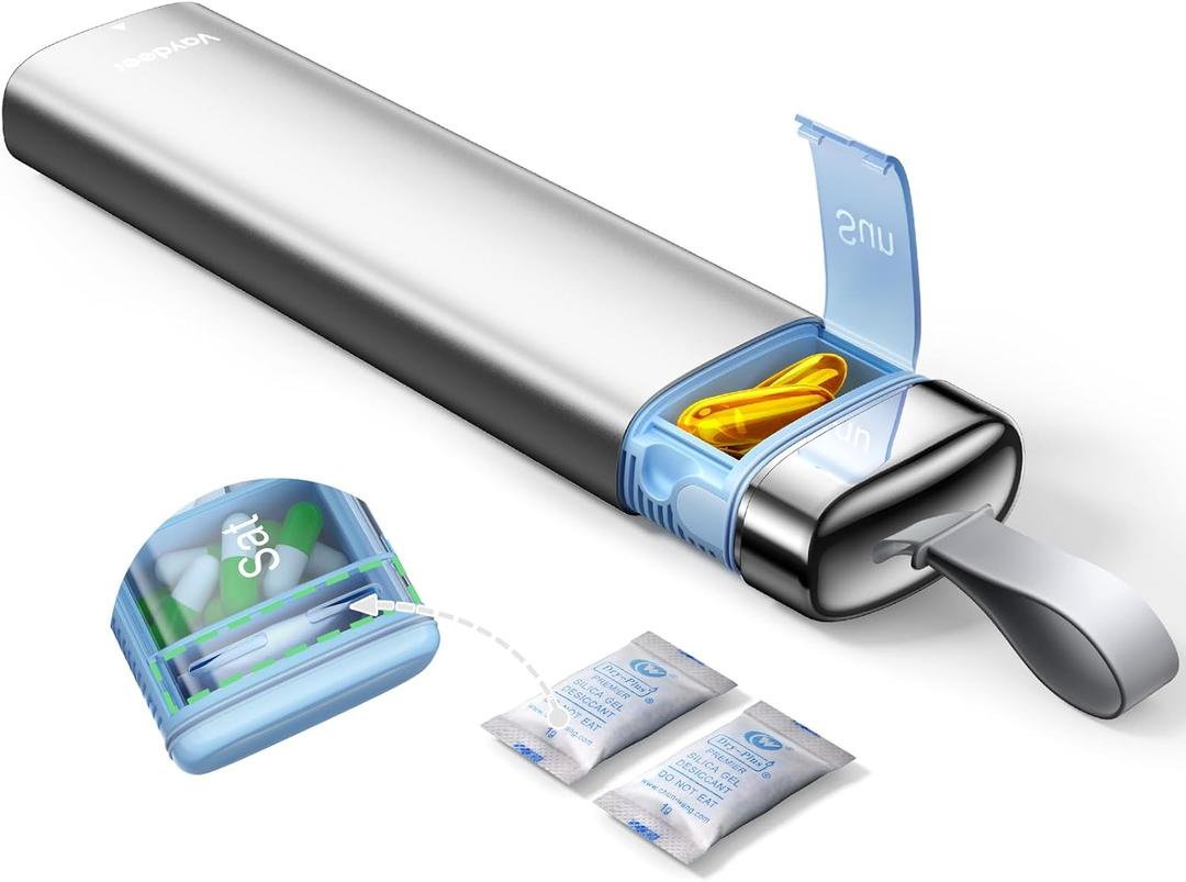 Vaydeer Metal 7 Day Pill Organizer with Built-in Desiccant Compartment, Airtight Weekly Travel Pill Box with Carry Handle, Slim Slide-Out Pill Case for Medication, Vitamins & Supplements (Silver)