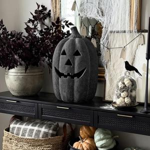 Halloween Decorations Outdoor - Black Handmade Terracotta Jack O Lantern | 15"H Festival Pumpkin, Fall Decor, Table Centerpiece Decoration, Indoor Outside Decor, For Home Garden Living Room Mantel
