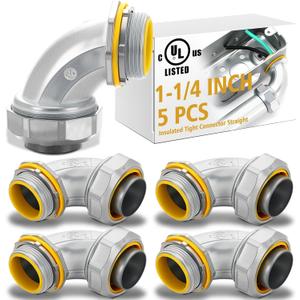 Gisafai 5 Pcs Liquid Tight Connector 90 Degree Insulated Zinc Die Cast Metal Tight Electrical Conduit Connector for 1-1/4 Inch Flexible and Type B Flexible Waterproof Nonmetallic Conduit