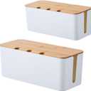 Cable Management Box with Bamboo Lid, Cord Organizer Box to Hide Wires & Power Strips, Extension Cord Power Stripe Surge Protector Wire Concealer Organizer Cover Hider (white-2pcs)