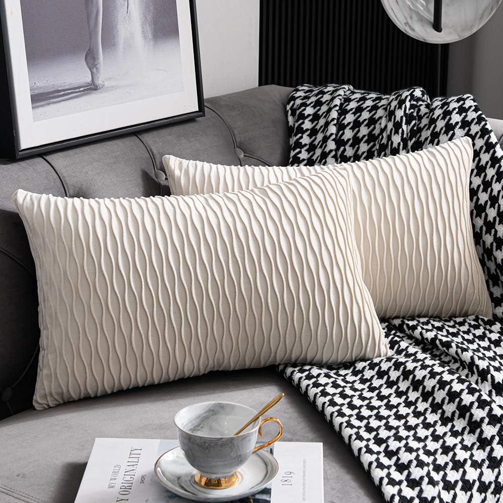 Ivory White Couch Pillow Covers: 2 Pack 12x20 Inch Original Striped Velvet Rectangular Throw Pillow Cases for Farmhouse Home Decor