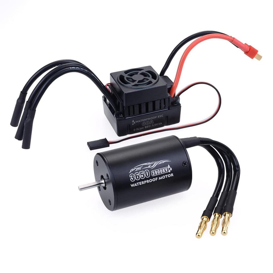 RC Brushless Motor ESC Combo: 3650 3900KV Brushless Motor and 60A ESC Combo Set Waterproof for 1/10 Remote Control Cars Trucks Off-Road Vehicle (Black (motor+60A esc))