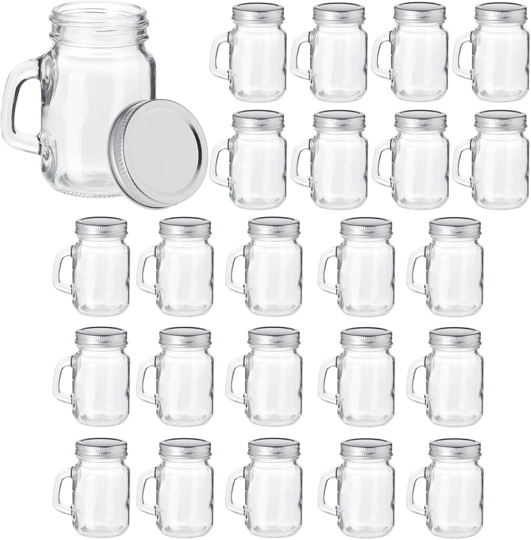 Juvale Mini Glass Jars with Handles - 4 oz, Clear, 24-Pack - Airtight Metal Lids for Canning & Spice Storage - Shot Glass Jars with Lids & Handles for Moonshine, Jam, Candle & Craft Projects