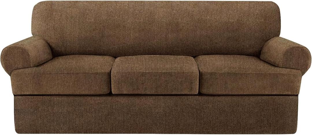 4 Piece T Cushion Sofa Slipcovers Stretch Couch Cover Furniture Covers with 3 Individual T Cushion Covers, Machine Washable for Living Room (Chocolate, 3 Cushions)