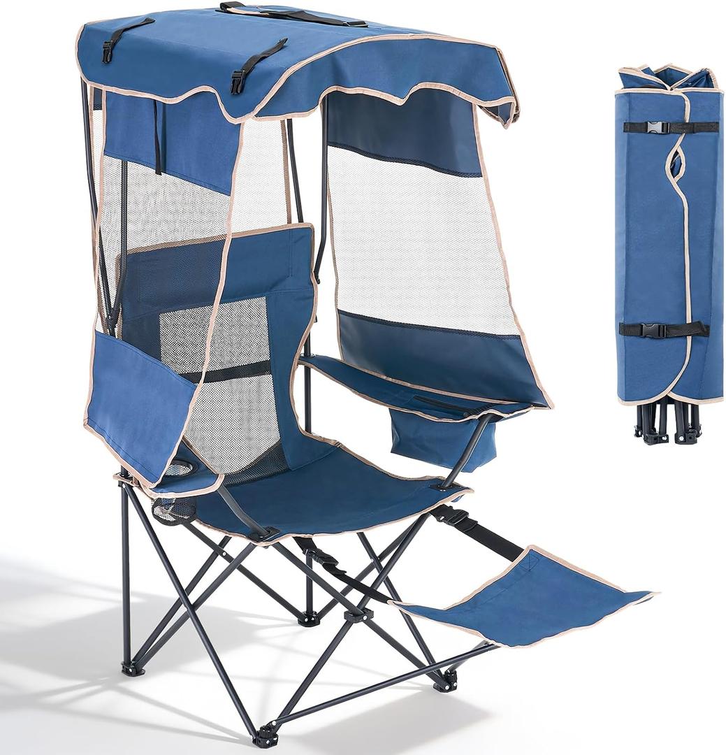 DoCred Beach Chair with Canopy Shade & Foot Rest, Folding Camping Chair, 19.7"D x 22"W x 55.9"H